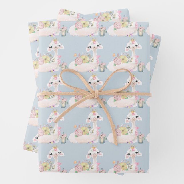 Blue and White Llama Baby Boy baby shower  Wrapping Paper Sheet (In situ)