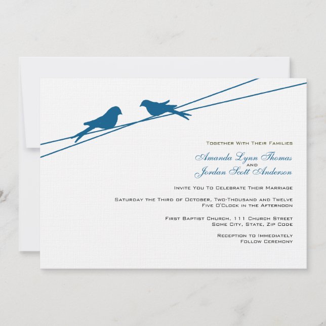 Blue and White Love Birds on a Wire Invitation (Front)