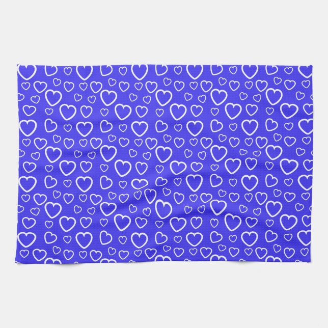 Blue and White Love Hearts Pattern Tea Towel (Horizontal)