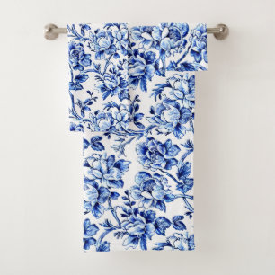 Blue and White Magnolias Toile de Jouy Bath Towel Set
