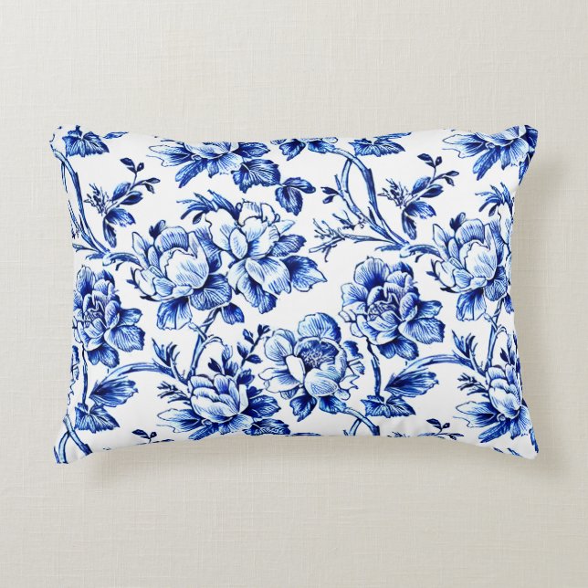 Blue and White Magnolias Toile de Jouy Decorative Cushion (Front)