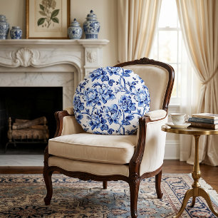 Blue and White Magnolias Toile de Jouy Round Cushion
