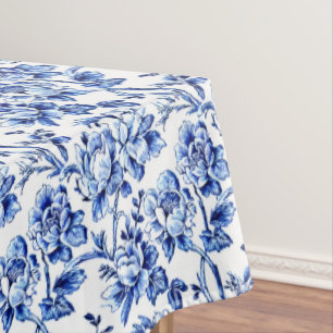 Blue and White Magnolias Toile de Jouy Tablecloth