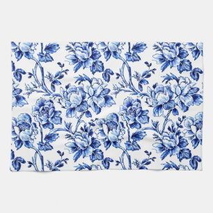 Blue and White Magnolias Toile de Jouy Tea Towel