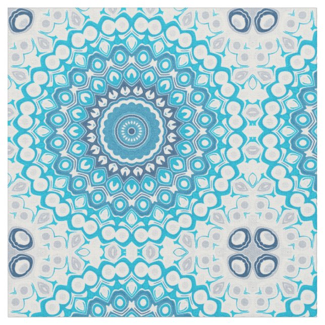 Blue and White Mandala Frosted Winter Geometric Fabric (Close Up)
