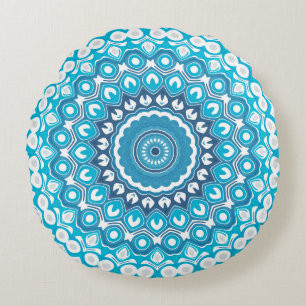 Blue and White Mandala Frosted Winter Geometric Round Cushion