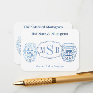 Blue And White Married Monograms Bridal Shower Enclosure Card