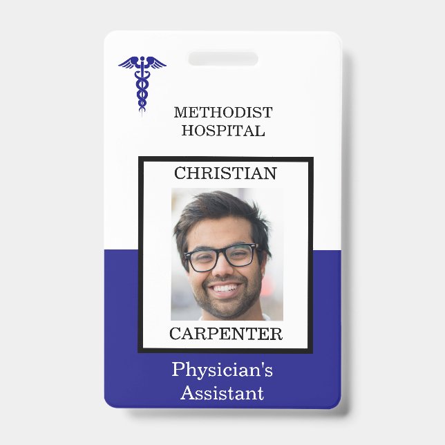 Blue and White Medical Facility Photo Name ID Badge (Front)
