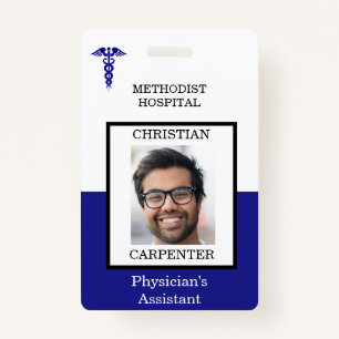 Blue and White Medical Facility Photo Name ID Badge