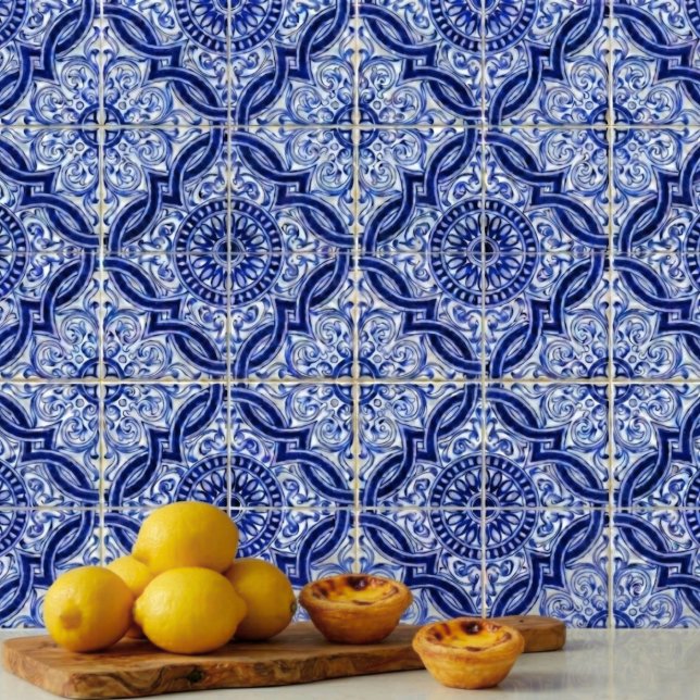 Blue and White Mediterranean Azulejo Pattern Tile (A vintage azulejo blue + white tile pattern to add brightness, personality + elegance to your space.)