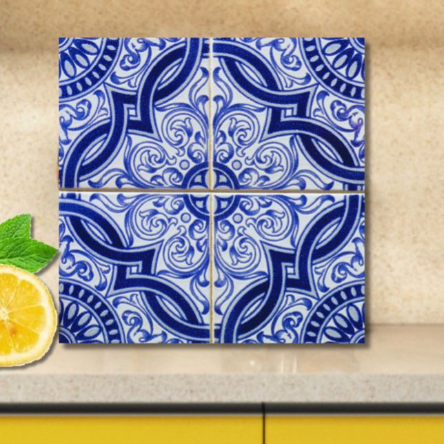 Blue and White Mediterranean Azulejo Pattern Tile (A vintage azulejo blue + white tile pattern to add brightness, personality + elegance to your space.)