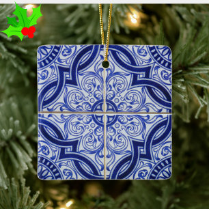 Blue and White Mediterranean Azulejo Tile Pattern Ceramic Ornament