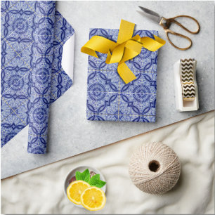 Blue and White Mediterranean Ceramic Tile Pattern Wrapping Paper