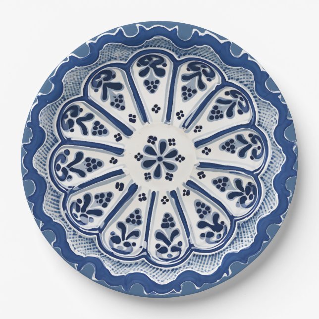 Blue and White Mediterranean Floral Faux China Paper Plate (Front)