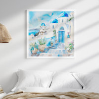 Blue and White Mediterranean Santorini Travel Art