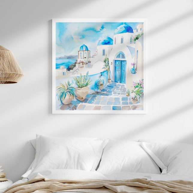 Blue and White Mediterranean Santorini Travel Art Poster (Blue and White Mediterranean Beach Travel Wall Art in a boho coastal bedroom in a white frame.)