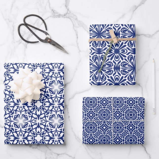 Blue and White Mediterranean Tile Pattern Wrapping Paper Sheet (Front)