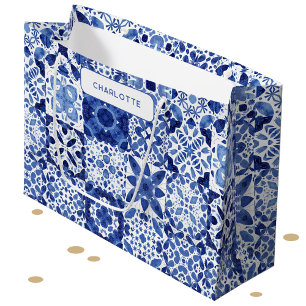 Blue and White Mediterranean Tile Personalised Large Gift Bag