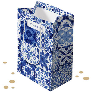 Blue and White Mediterranean Tile Personalised Medium Gift Bag