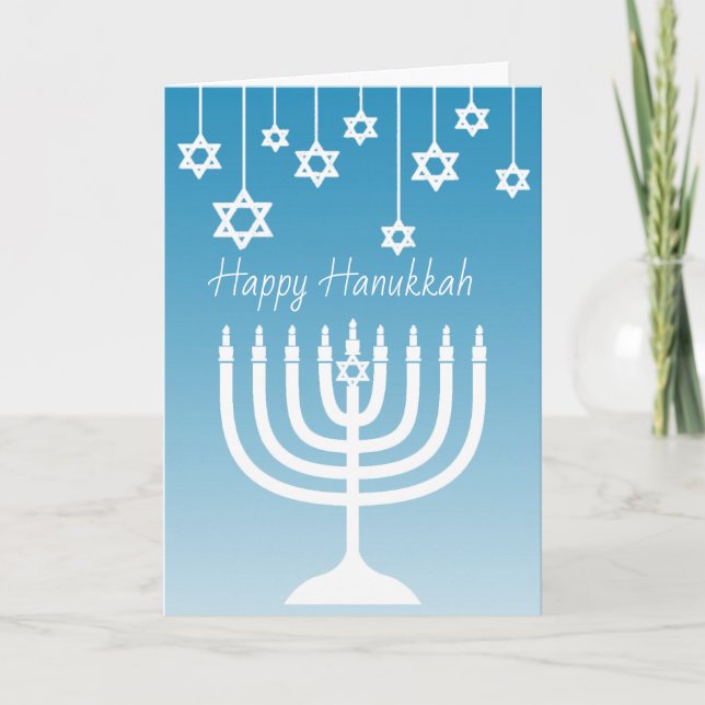 Blue and White Menorah Happy Hanukkah Card (Front)