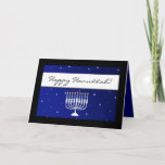 Blue and White Menorah Snow Happy Hanukkah Cards<br><div class="desc">Add your imprinted name or business and personalised message to this elegant contemporary hanukkah card.  Blue and white design with lit menorah with white falling snow on an elegant blue background with white ribbon and black frame. Customise the interior with your information.  No Minimum Order!</div>