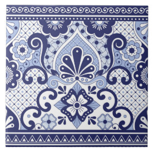 Blue and White Mexican Talavera Folk Art Tile