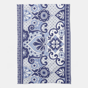 Blue and White Mexican Talavera Folk Art Tile Tea Towel