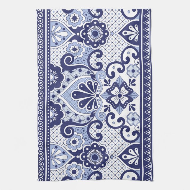 Blue and White Mexican Talavera Folk Art Tile Tea Towel (Vertical)