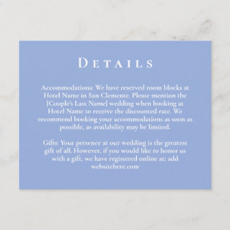 Blue and White Minimal Botanical Wedding Details Enclosure Card