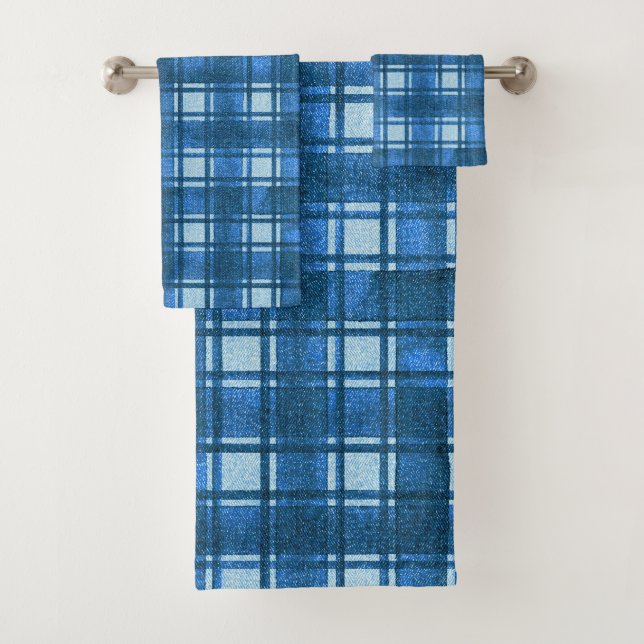 Blue and White Modern Denim Plaid Pattern Bath Towel Set (Insitu)