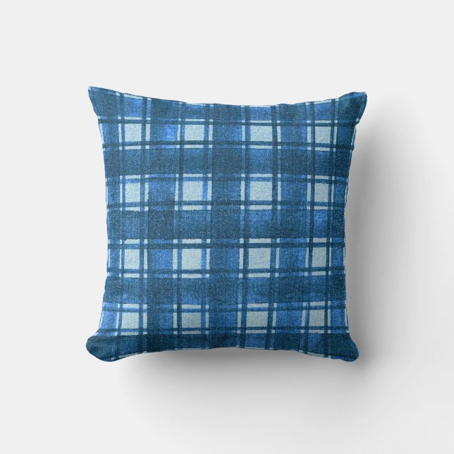 Blue and White Modern Denim Plaid Pattern Cushion (Front)