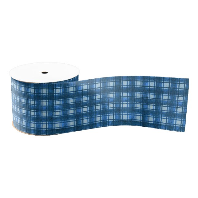 Blue and White Modern Denim Plaid Pattern Grosgrain Ribbon (Spool)