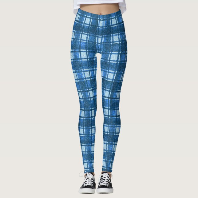 Blue and White Modern Denim Plaid Pattern Leggings (Front)