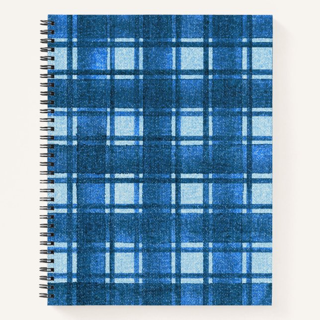 Blue and White Modern Denim Plaid Pattern Notebook (Front)