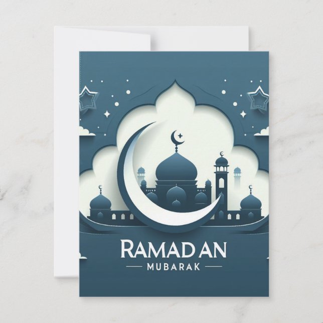 Blue And White Modern Ramadan Mubarak Note Card (Front)