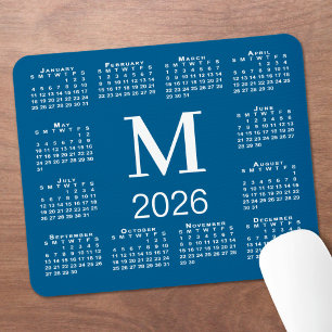 Blue and White Monogram 2026 Calendar Mouse Mat