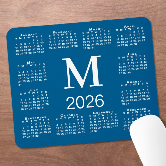 Blue and White Monogram 2026 Calendar Mouse Mat (Blue and White Monogram 2026 Calendar Mouse Pad, in situ)
