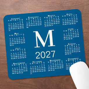 Blue and White Monogram 2027 Calendar Mouse Mat