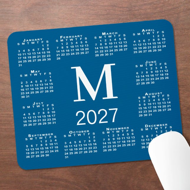 Blue and White Monogram 2027 Calendar Mouse Mat (Blue and White Monogram 2027 Calendar Mouse Pad in situ)