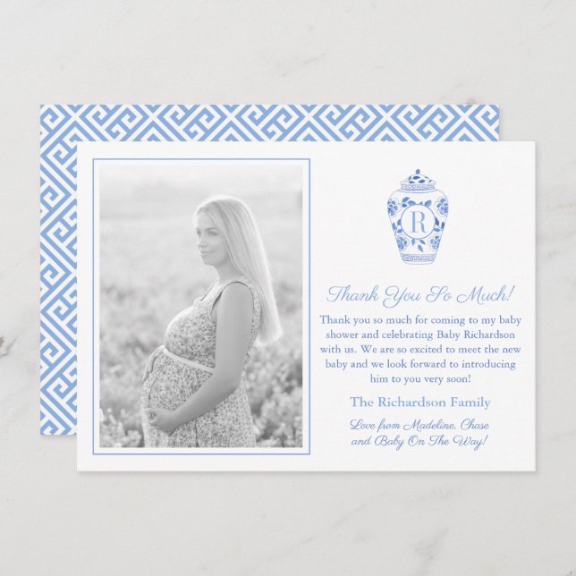 Blue And White Monogram Baby Shower Picture Thank You Card (Front/Back)