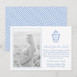 Blue And White Monogram Baby Shower Picture Thank You Card