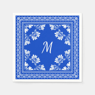 blue and white monogram bandanna pattern napkin