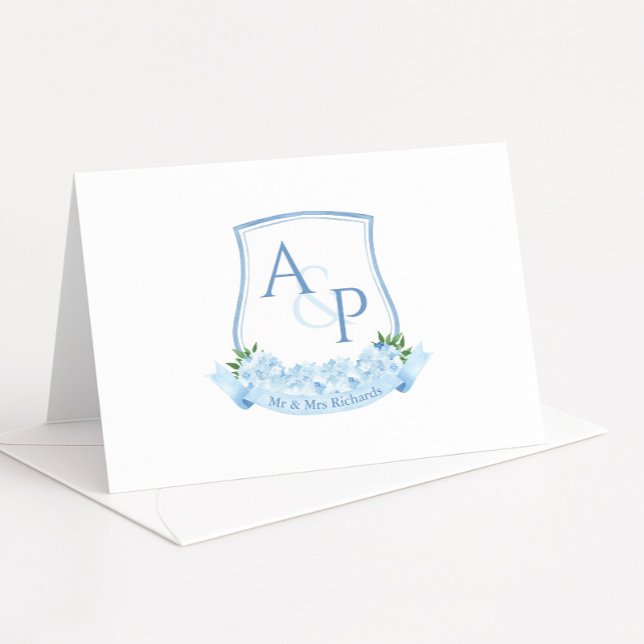 Blue And White Monogram Botanical Crest Wedding Thank You Card (Watercolor blue hydrangea monogram crest folded thank you card)