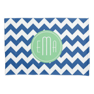 Blue And White Monogram Chevron Geometric Pattern Pillowcase