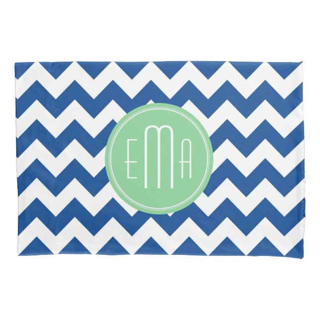 Blue And White Monogram Chevron Geometric Pattern Pillowcase (Front)