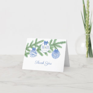 Blue And White Monogram Christmas Ornament Wedding Thank You Card
