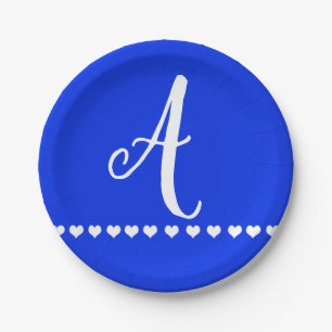Blue and White Monogram Initial Paper Plate