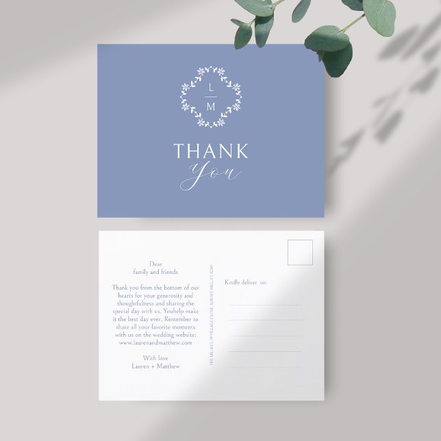 Blue and White Monogram Thank You Postcard (Creator Uploaded)