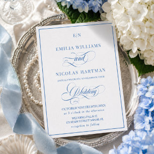 Blue and White Monogram Wedding Invitation