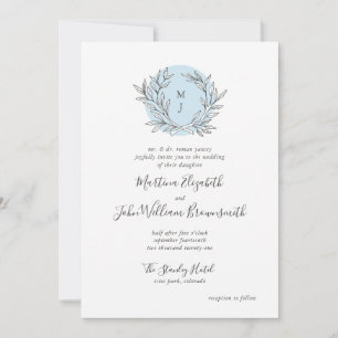 Blue and White Monogram Wreath Wedding Invitation
